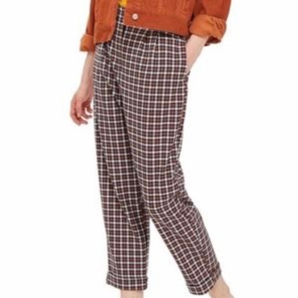 Topshop Orange, Navy & Cream Plaid Trousers, Size 4 - Picture 1 of 10